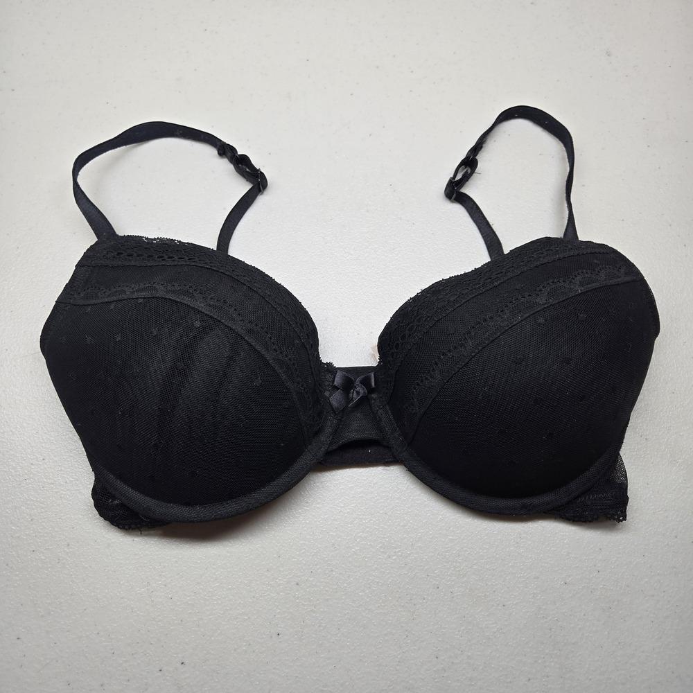 Candie's Women Bra 34D Black Polka Dot Push Up‎ Underwired Lace Bow Mesh